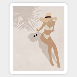 Woman, Girl, On the beach, Under palm, Hat, Boho style art, Mid century art Sticker